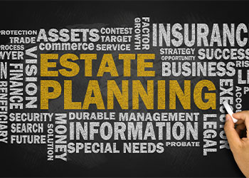 Estate planning with related word cloud on blackboard